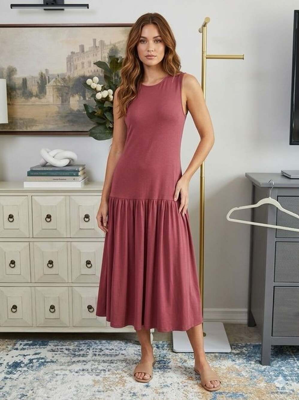 Daily Practice Sleeveless Ribbed Bodice Midi Dress in Dusty Rose